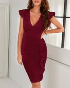 v-neck ruffle hem ruched midi dress