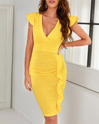 v-neck ruffle hem ruched midi dress