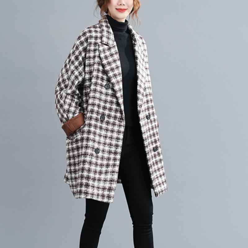 mid-length fashion large plaid woolen coat