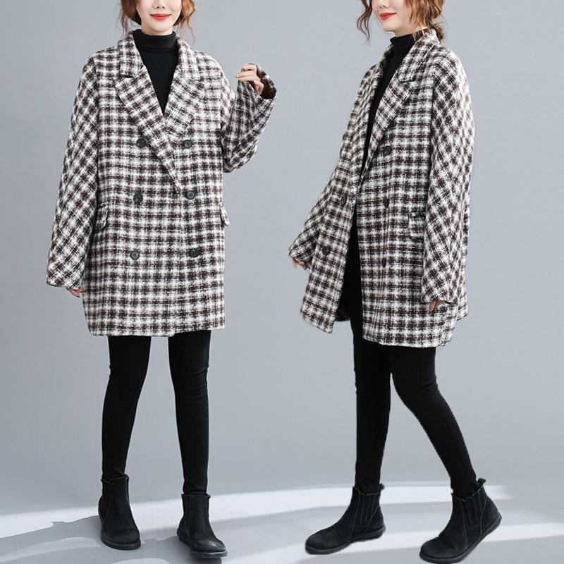 mid-length fashion large plaid woolen coat
