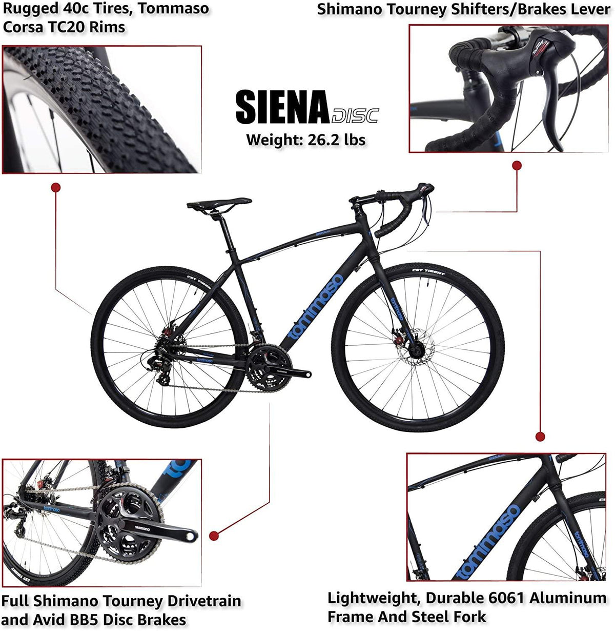 Tommaso Siena  Tourney Gravel Adventure Bike with Disc Brakes, Extra Wide Tires, Perfect for Road Or Dirt Touring, Matte Black
