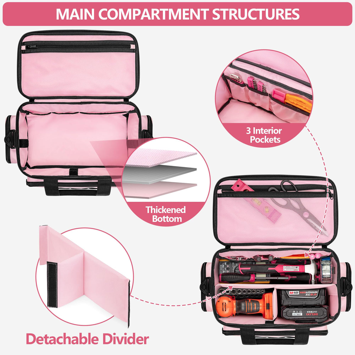 Pink Tool Bag for Women, Tool Organizer with Anti-friction Bottom | Detachable Divider, Wrapped Handles, Adjustable Shoulder Strap, Tactical RanBag for Electrician, Carpenters, Repairman