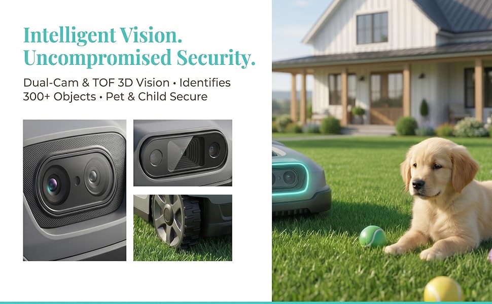 Robot Lawn Mower, Wire-Robotic Mower for 0.99 Acres, No Perimeter Wire, Auto-Mapping, RTK + AI 3D Vision Navigation, 300+ Object Avoidance, 57% Slope, IP66 Automatic Grass Cutter