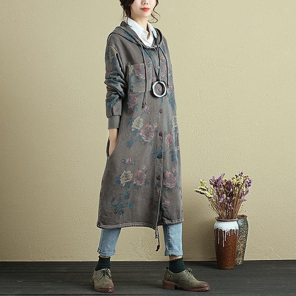 women floral printed long sleeve hooded coat