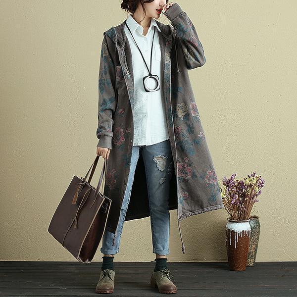 women floral printed long sleeve hooded coat
