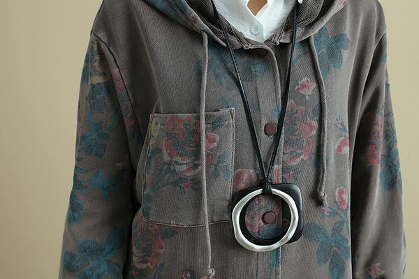 women floral printed long sleeve hooded coat
