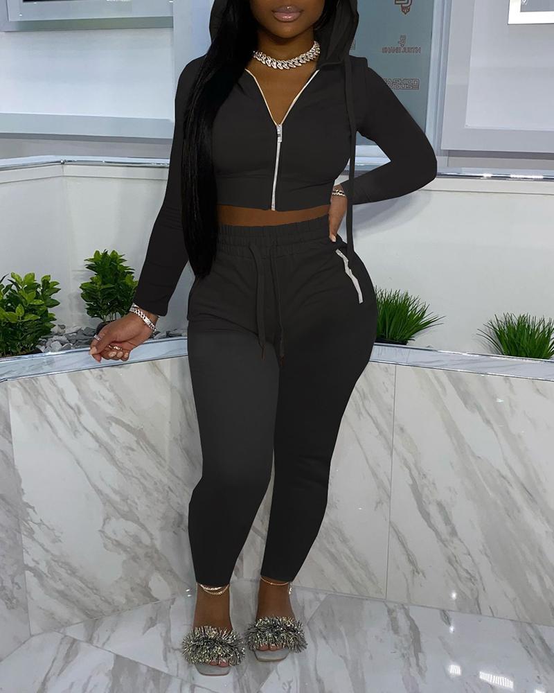 solid zip up drawstring hoodie &amp; pants set