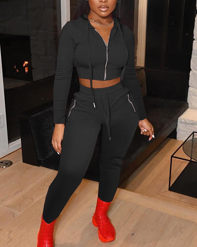 solid zip up drawstring hoodie &amp; pants set