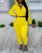 solid zip up drawstring hoodie &amp; pants set
