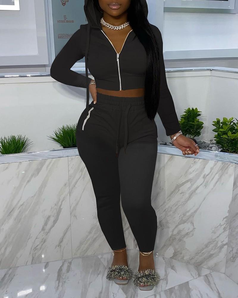 solid zip up drawstring hoodie &amp; pants set
