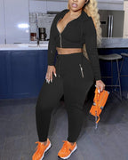 solid zip up drawstring hoodie &amp; pants set