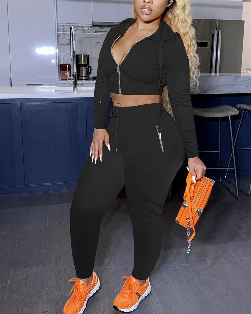 solid zip up drawstring hoodie &amp; pants set