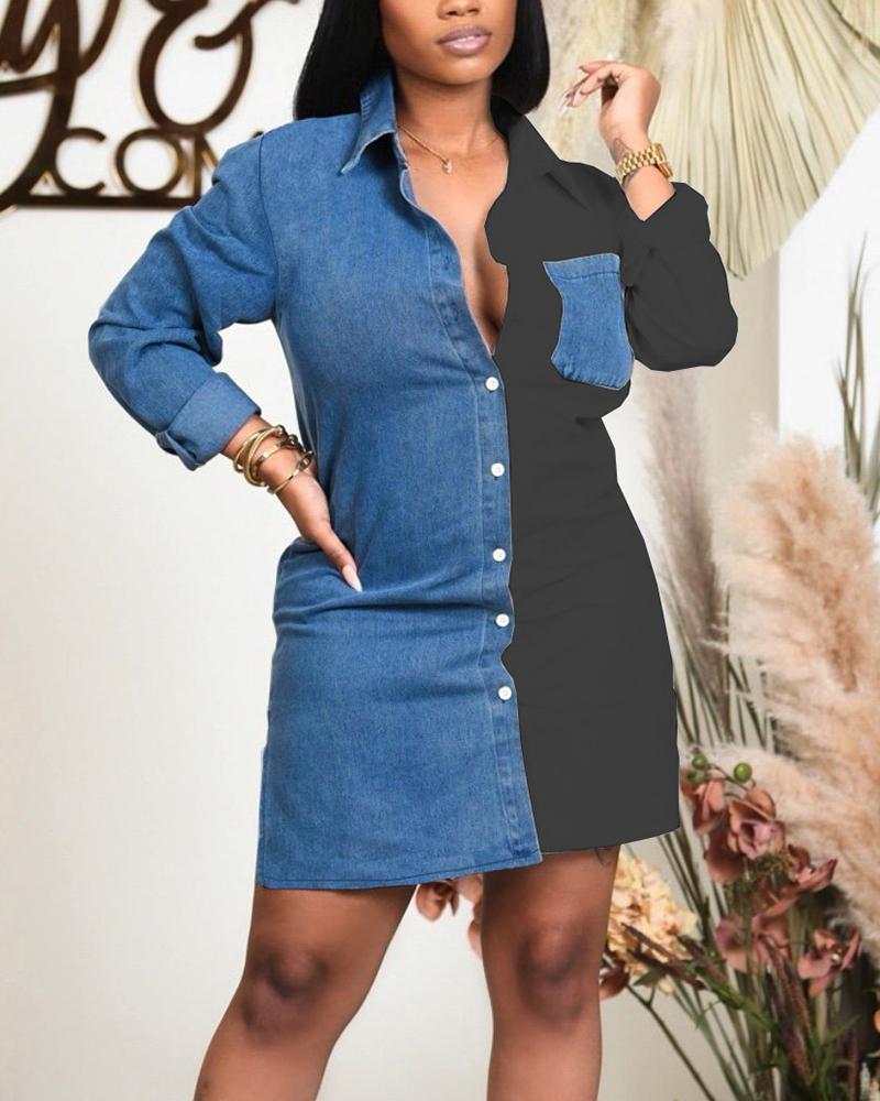 denim patch pocket design colorblock shirt dress