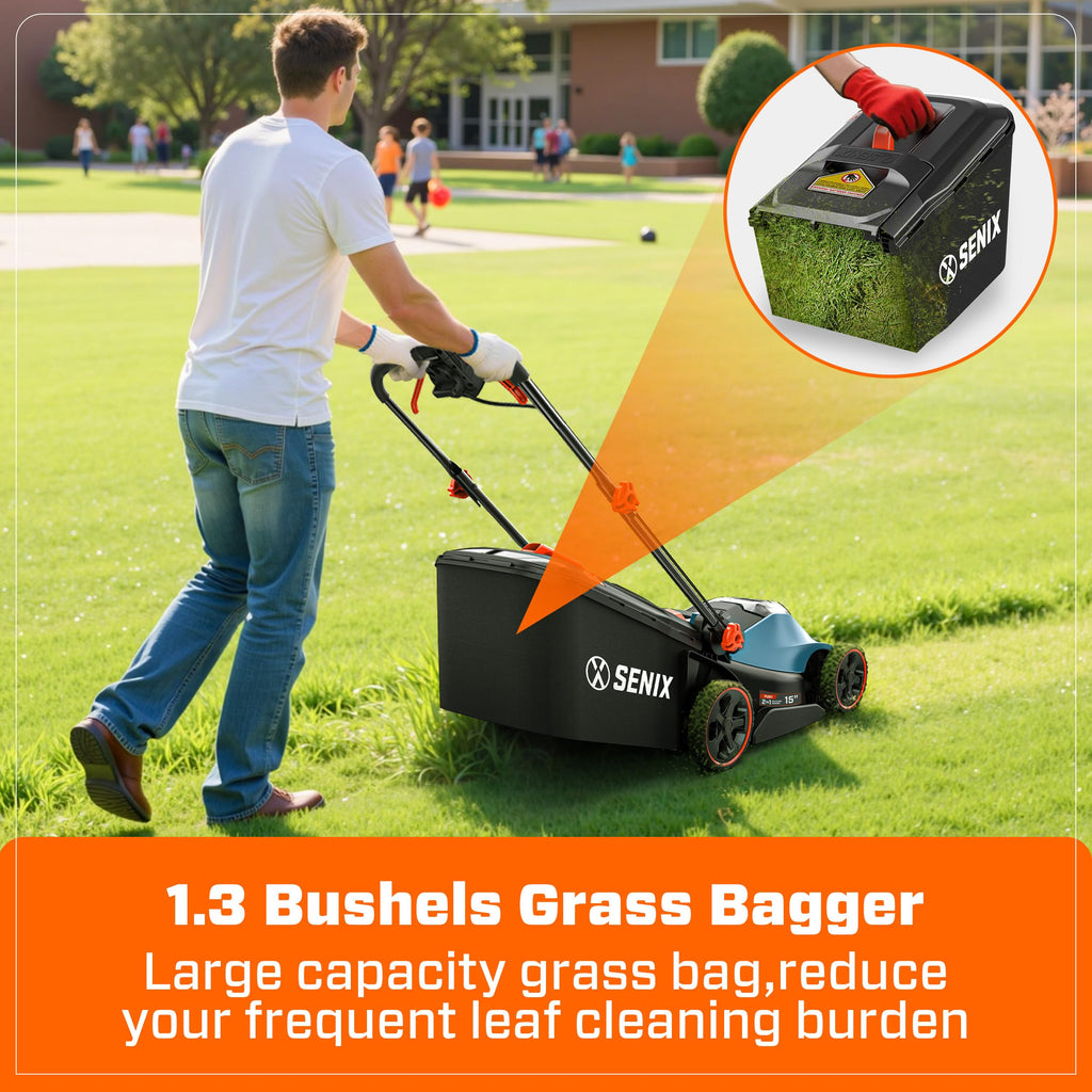 40V Cordless Lawn Mower,15" 2-in-1 Mulch/Bag,6-Position Height Adjust,ECO Mode &amp; Battery Indicator,Foldable Handle,1.3 Bushel Grass Bag,2×4Ah Batteries+3.0A Charger