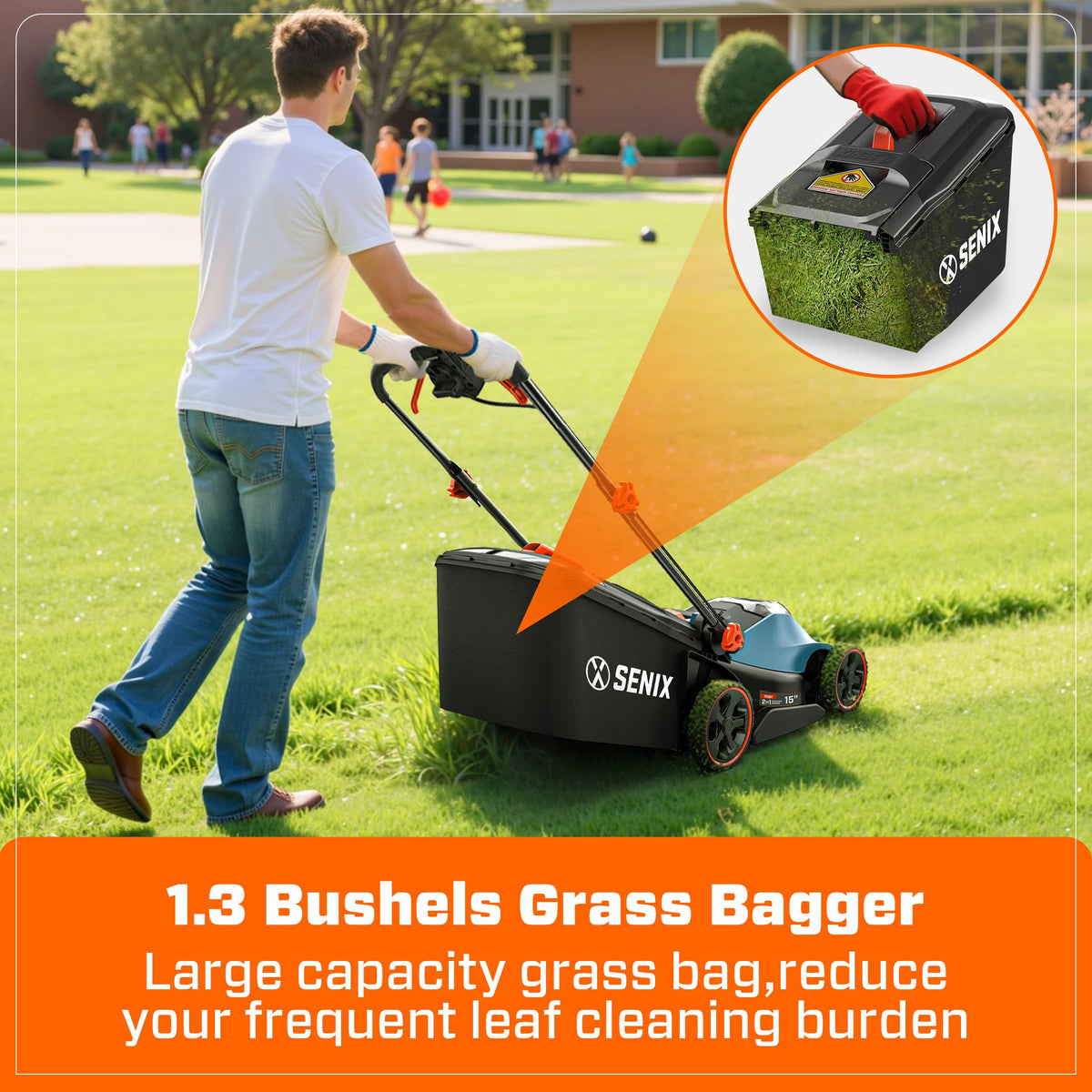 40V Cordless Lawn Mower,15" 2-in-1 Mulch/Bag,6-Position Height Adjust,ECO Mode &amp; Battery Indicator,Foldable Handle,1.3 Bushel Grass Bag,2×4Ah Batteries+3.0A Charger