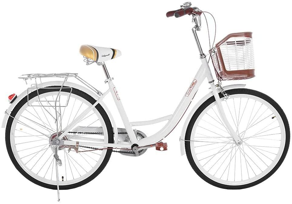 26 inch Beach Cruiser Bikes Single Speed Classic Retro Bicycles for Women, Comfortable Commuter Bike for Leisure Picnics &amp; Shopping, Women's Seaside Travel Bicycle with Baskets &amp; Rear Racks