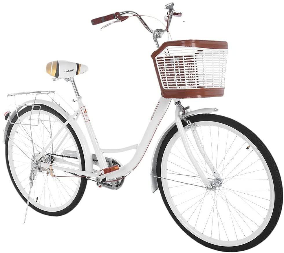 26 inch Beach Cruiser Bikes Single Speed Classic Retro Bicycles for Women, Comfortable Commuter Bike for Leisure Picnics &amp; Shopping, Women's Seaside Travel Bicycle with Baskets &amp; Rear Racks