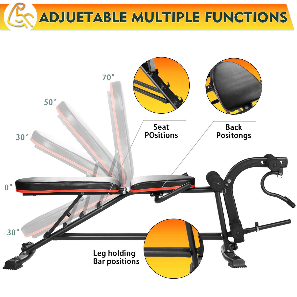 Ainfox Adjustable Weight Bench for Full-Body Workout Exercise,Foldable Strength Training Bench with two drawstrings(Red)