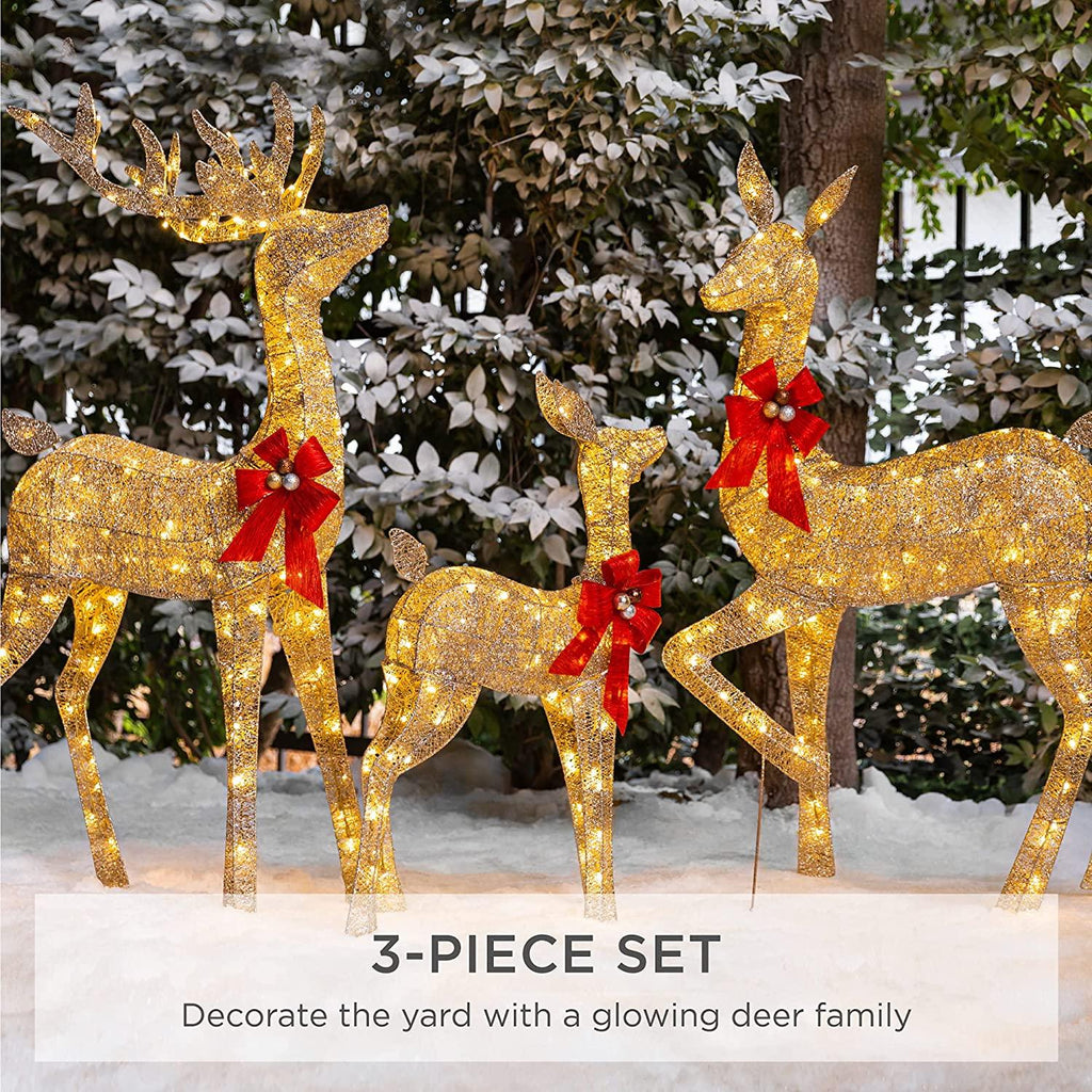 3-Piece Lighted Christmas Deer Family Set Outdoor Yard Decoration with 360 LED Lights, Stakes, Zip Ties - Gold