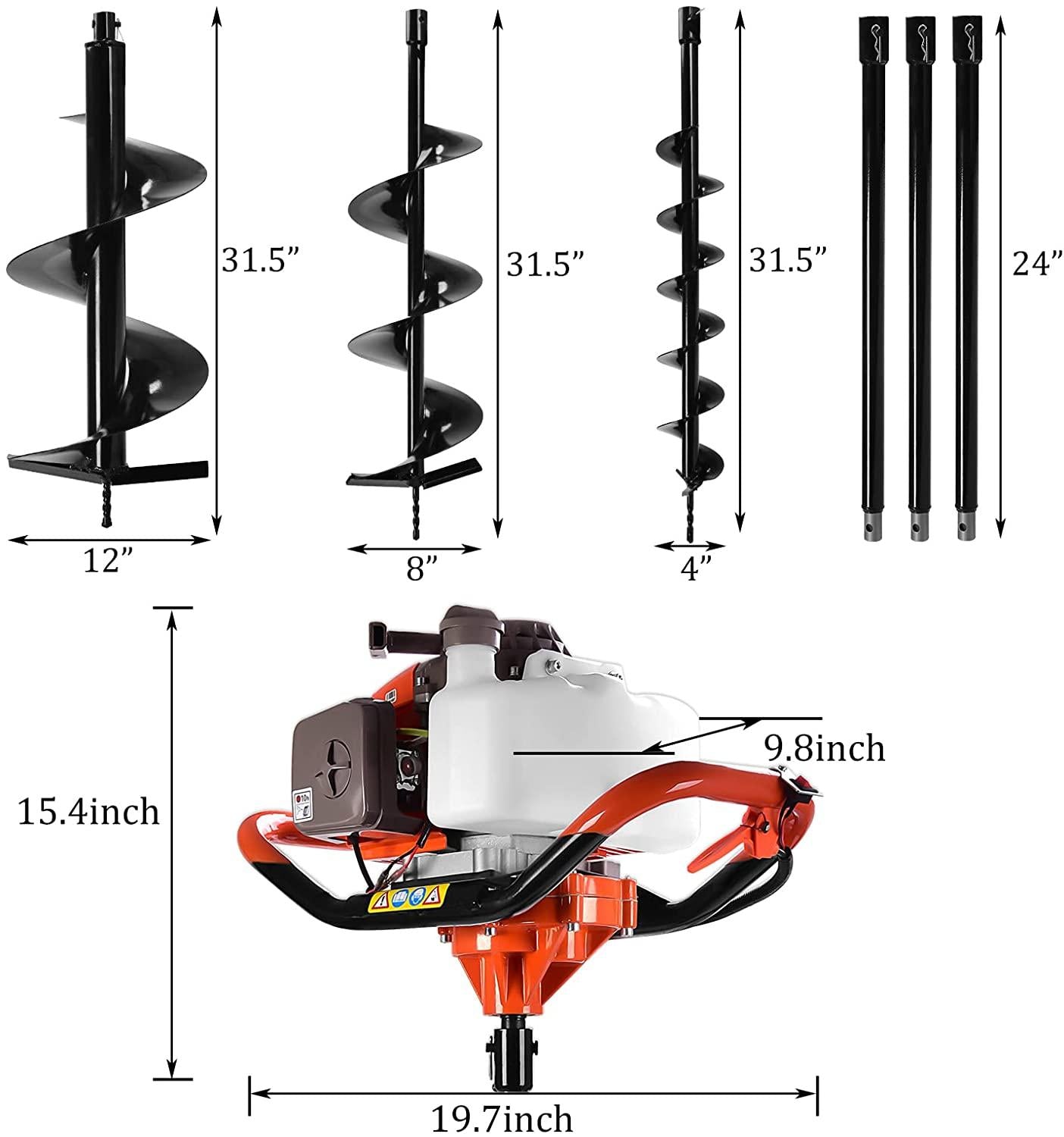 datingday 72cc 2-stroke auger post hole digger 4hp gas powered earth auger digging engine with 3 bits （4" 8" 12"）3 extension rods