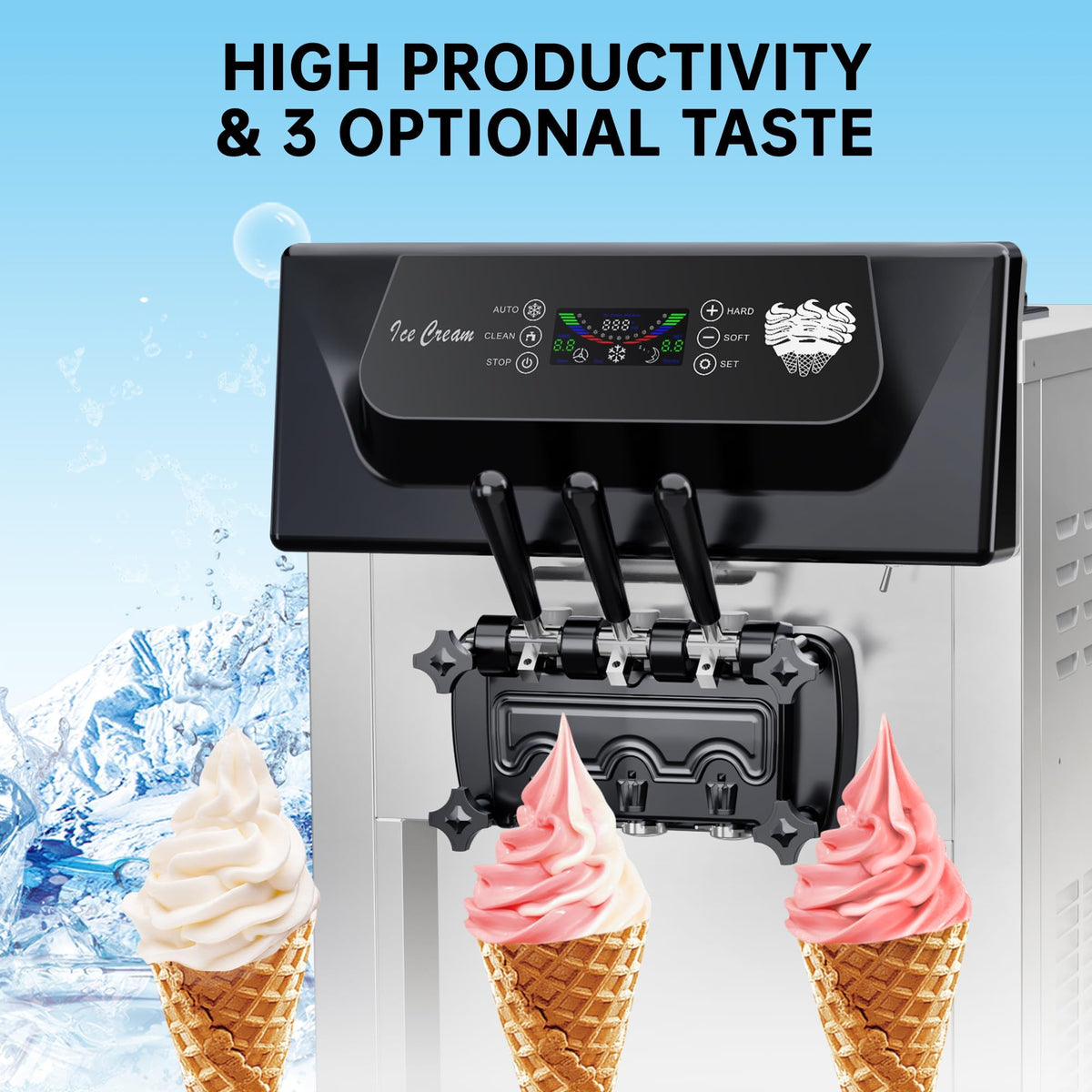 Commercial 2+1 Flavor Soft Serve Ice Cream Maker Machine, 7.4 Gal/Hour Countertop Ice Cream Machine with Self-Cleaning, LCD Display & Adjustable Hardness for Restaurants, Bubble Tea and Snack Shops, 2