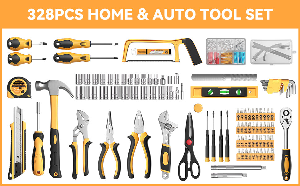 328 Piece Tool Kit for Home,Hand Repair Tool Set,Toolbox StoraCase with Drawer,General Household/Auto Tool Kit,Perfect for Homeowner, DIY, Handyman