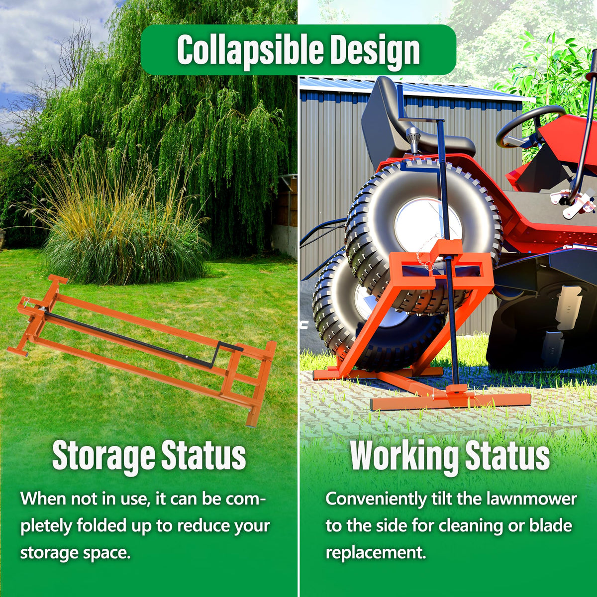 Lawn Mower Lift Jack 880Lbs Riding Mower Lift with Manual Handle and Power Tool Extension Handle Space-Saving Foldable Lawn Tractor Lift for Lawn mowers and Garden Tractors (Orange)