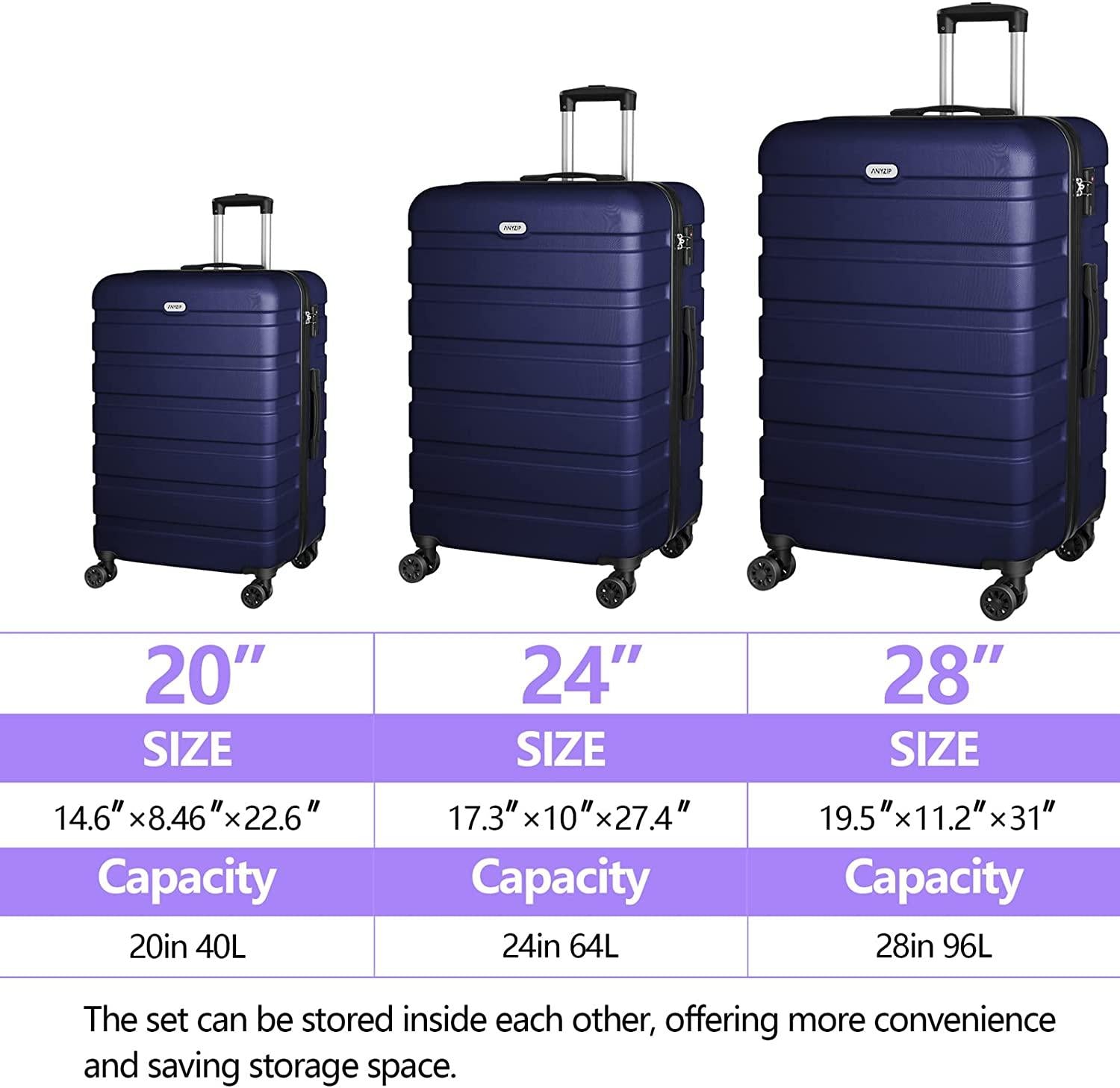 Luggage Sets 3 Piece AnyZip PC ABS Hardside Expandable Suitcase with 4 Universal Wheels TSA Lock Carry On 20 24 28 Inch Dark Blue