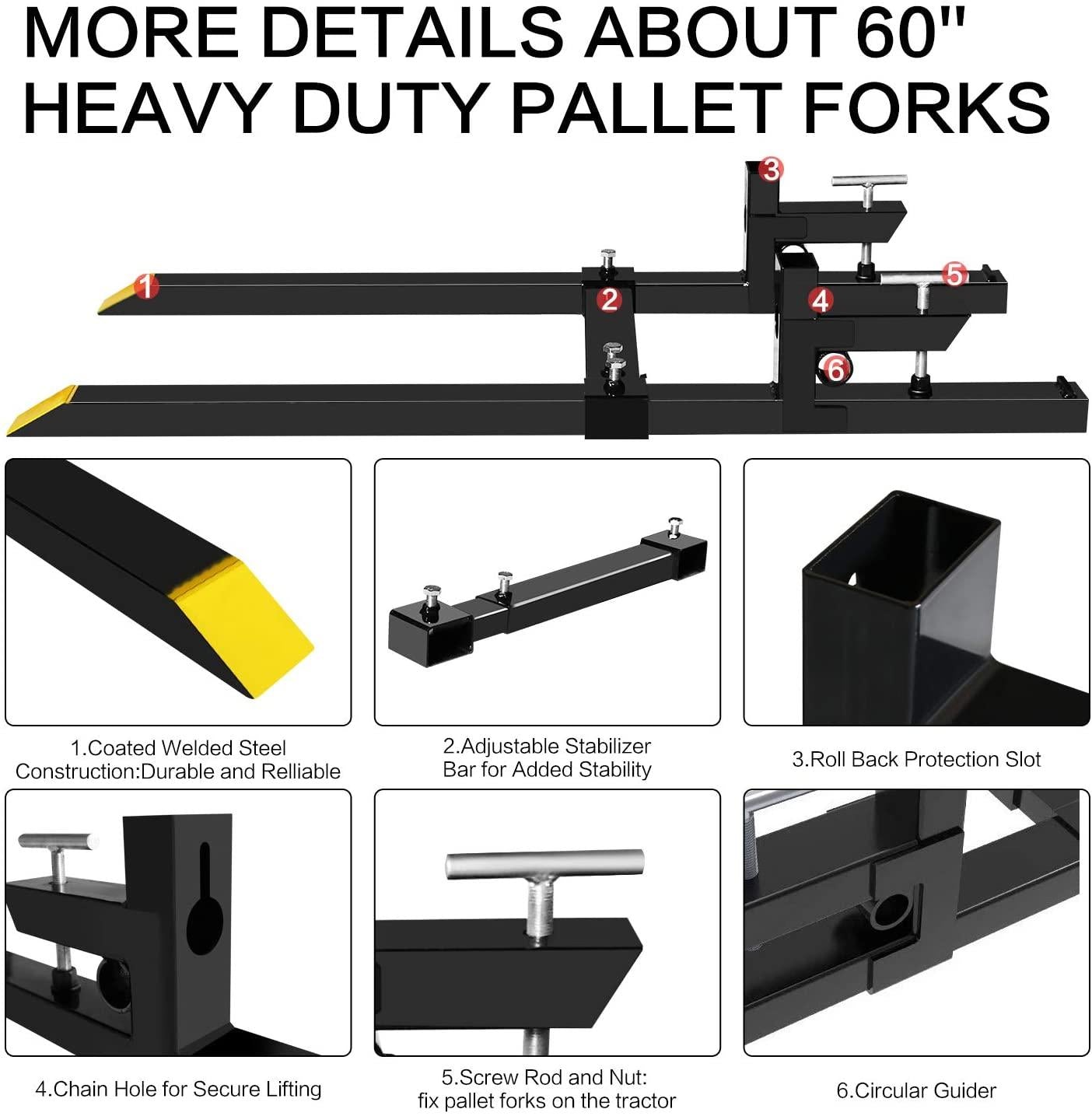 ebesttech 1pc 4000lbs clamp on pallet forks 60 inch heavy duty steel fork length pallet bucket forks with adjustable stabilizer bar for loader bucket skidsteer tractor