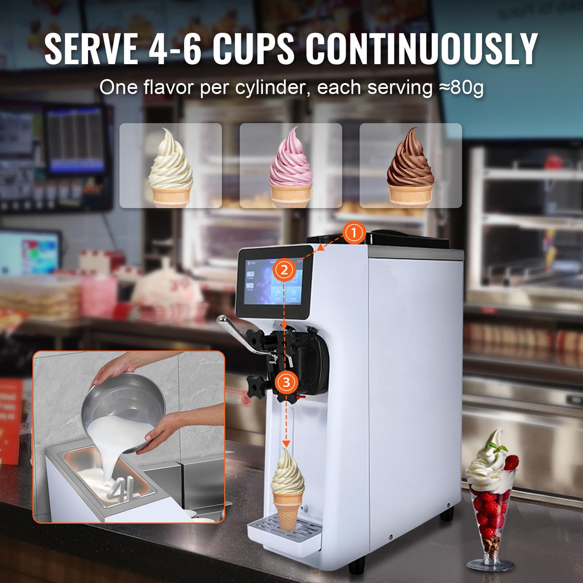Commercial Ice Cream Machine, 1000W Single Flavor Soft Serve Ice Cream Maker, 10.6 QT/H Yield, 4L Hopper & 1.6L Cylinder, Touch Screen, Auto Clean & Pre-Cooling, Countertop Restaurant Snack Bar