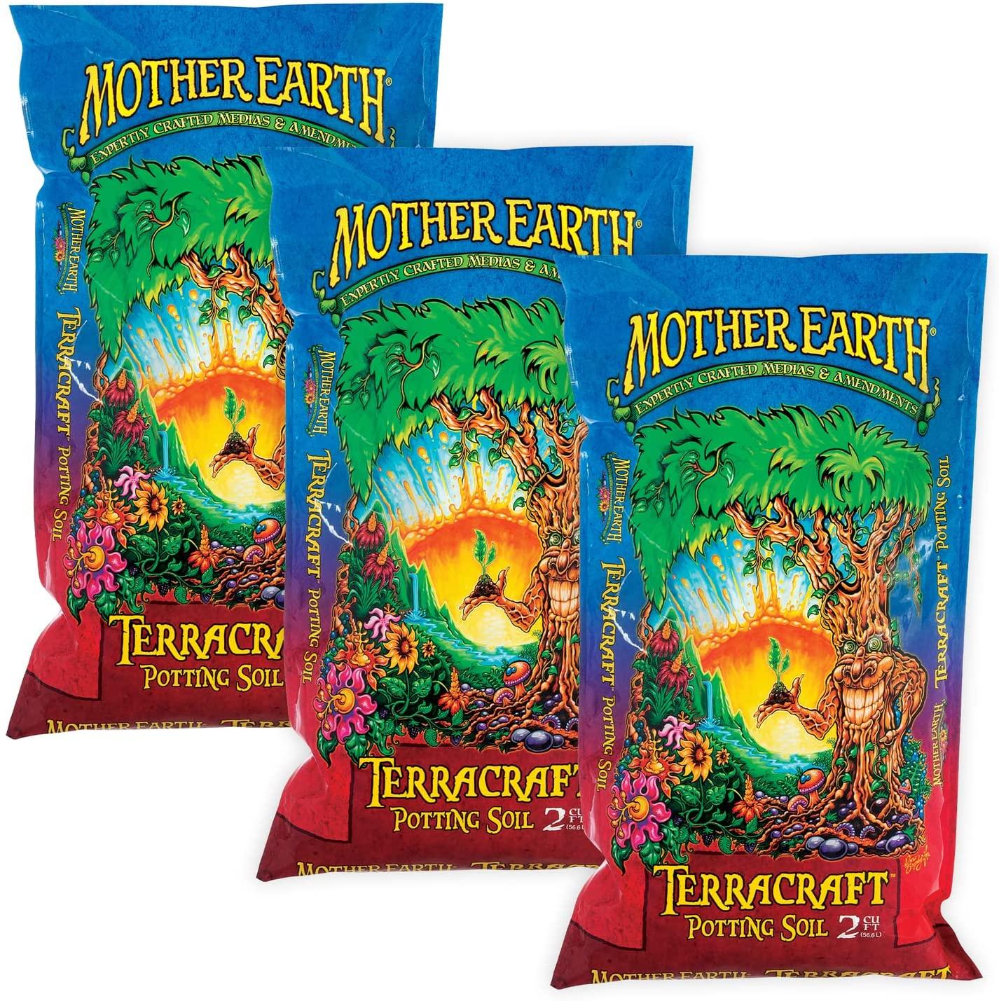 mother earth products terracraft potting soil, all purpose potting soil for all plants, flowers, vegetables and tomatoes, 2 cu. ft., 3-pack, brown