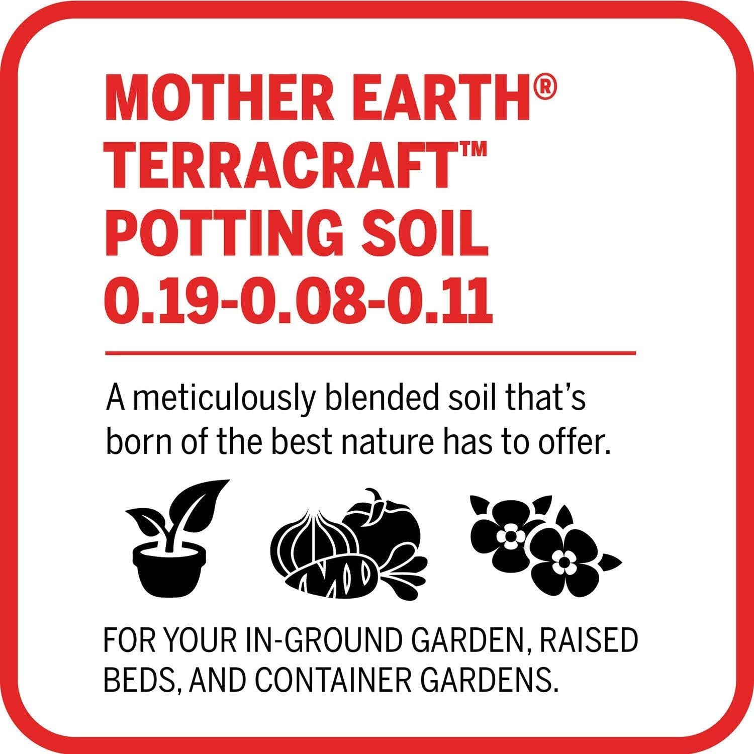 mother earth products terracraft potting soil, all purpose potting soil for all plants, flowers, vegetables and tomatoes, 2 cu. ft., 3-pack, brown