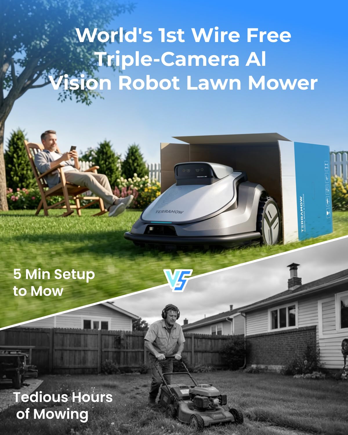 V1000 Robot Lawn Mower with Garage, Max 0.3 Acre, No Wire/RTK, Auto Mapping | Triple-CamAI Vision Navigation and Obstacle Avoidance, Smart App Control, Multi-Zone Management for Complex Gardens
