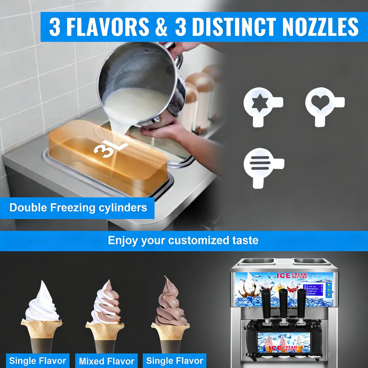 Soft Serve Ice Cream Machine, 18L/H Yield Commercial Ice Cream Maker, 1200W Countertop Soft Serve Ice Cream Maker with LCD Panel Puffing ShortaAlarm for Bars Coffee Shop Restaurant (ZM-168)