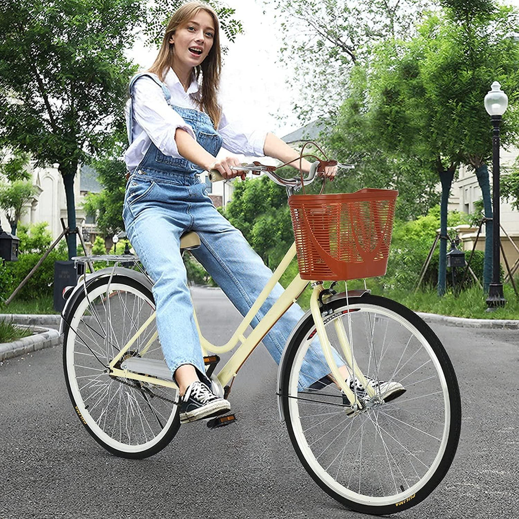 26 inch Beach Cruiser Bikes for Women, Single Speed Comfortable Womens Bike with Baskets, Classic Retro Complete Cruiser Bike Womens Beach Cruiser Bike for Leisure Picnics &amp; Shopping