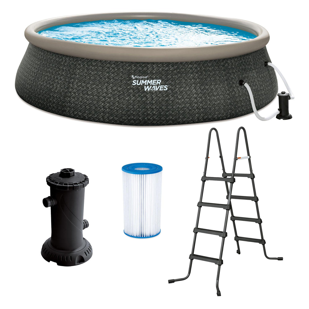 Summer Waves P1A01848E 18ft x 48in Round Quick Set Inflatable Ring Above Ground Swimming Pool with Ladder and Filter Pump, Dark