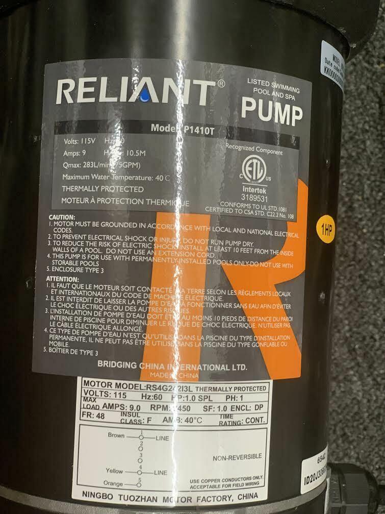 1 hp above ground pool pump reliant p/n: rs4g24213l model # p1410