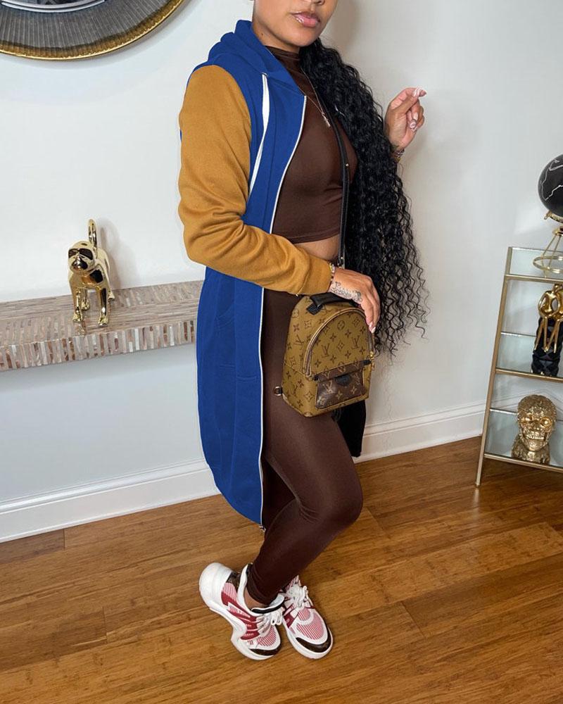 colorblock drawstring hooded zip up longline coat