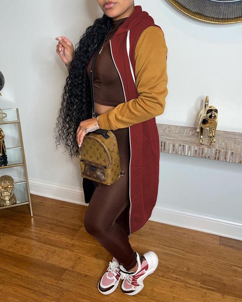 colorblock drawstring hooded zip up longline coat