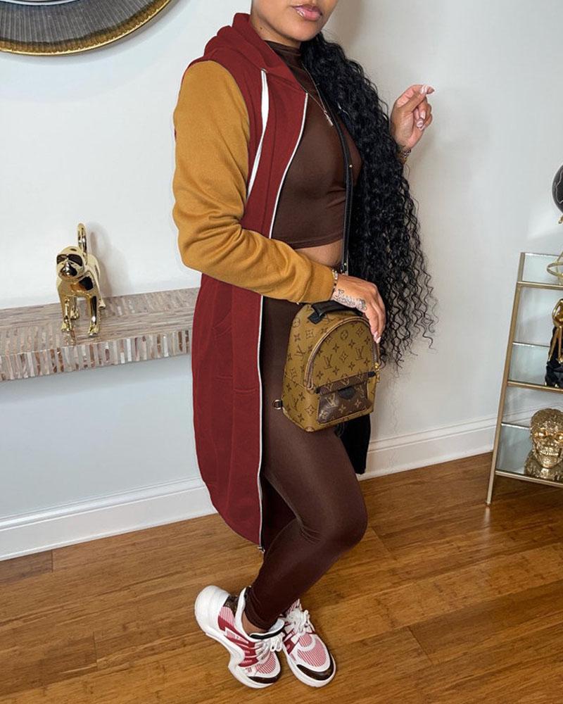 colorblock drawstring hooded zip up longline coat