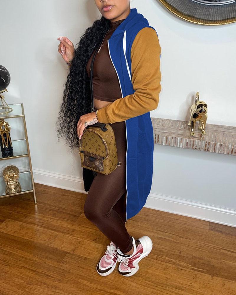 colorblock drawstring hooded zip up longline coat