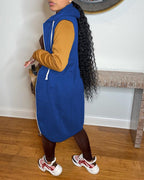 colorblock drawstring hooded zip up longline coat