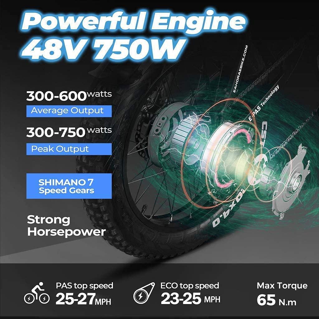Eahora X5 750W Folding Fat Tire Electric Bicycle 48V 12ah Commuter Electric Bike for Adults Front Suspension, 20 Inch Ebike with Power Regeneration, Electric Lock,  7 Speed Gears
