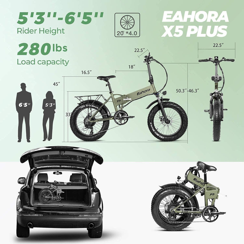 Eahora X5 750W Folding Fat Tire Electric Bicycle 48V 12ah Commuter Electric Bike for Adults Front Suspension, 20 Inch Ebike with Power Regeneration, Electric Lock,  7 Speed Gears