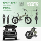 Eahora X5 750W Folding Fat Tire Electric Bicycle 48V 12ah Commuter Electric Bike for Adults Front Suspension, 20 Inch Ebike with Power Regeneration, Electric Lock,  7 Speed Gears