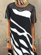 Ladies Round Neck Print Stitching Shift Dress