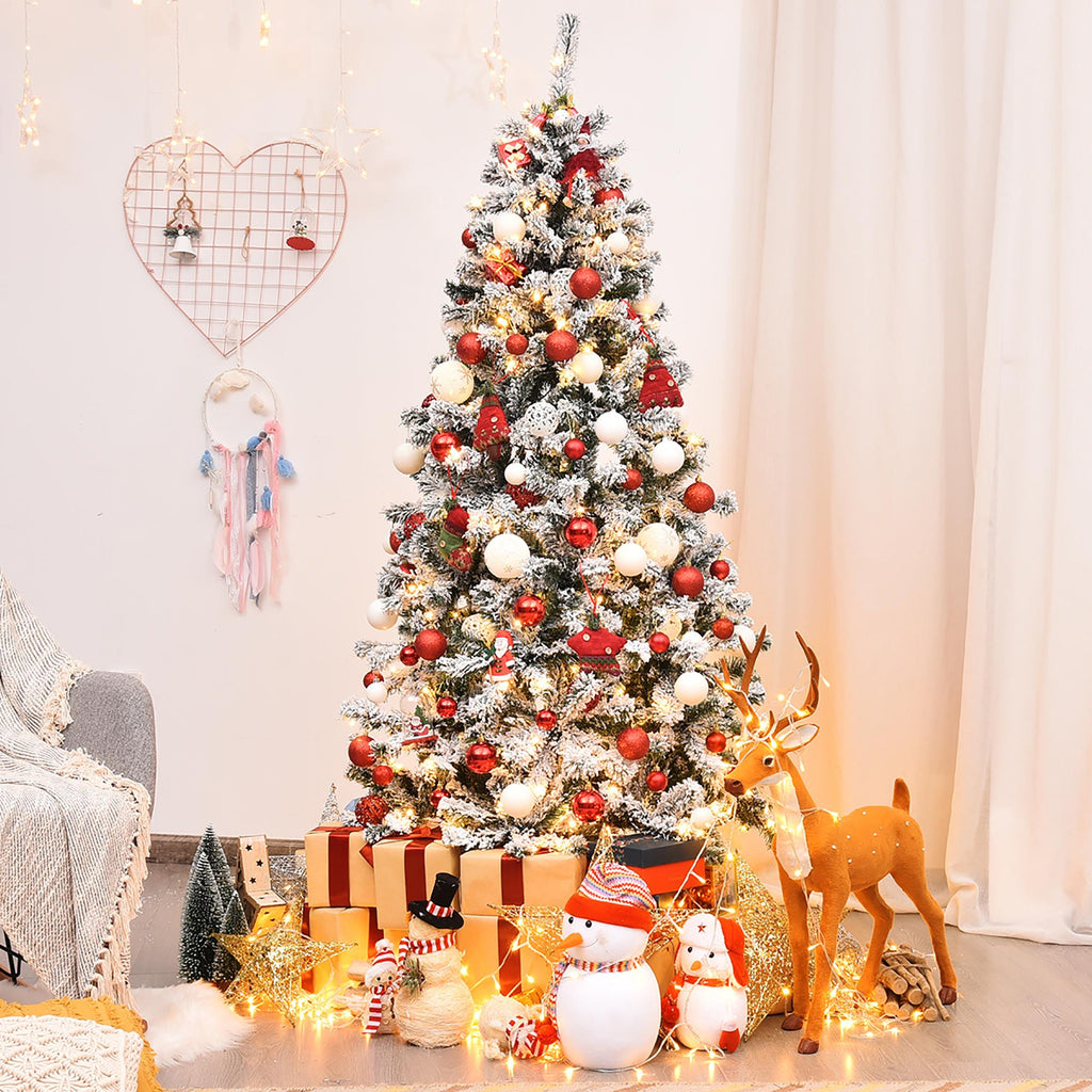 Costway 6ft Pre-Lit Premium Snow Flocked Hinged Artificial Christmas Tree with 250 Lights