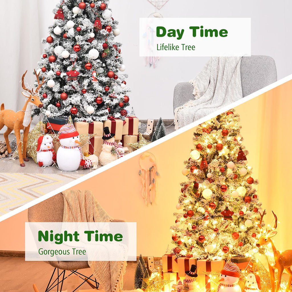 Costway 6ft Pre-Lit Premium Snow Flocked Hinged Artificial Christmas Tree with 250 Lights