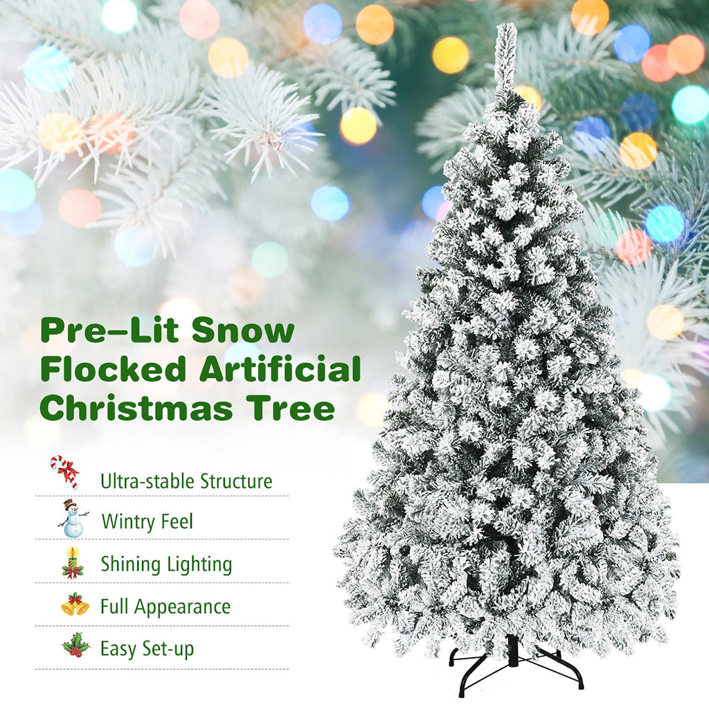 Costway 6ft Pre-Lit Premium Snow Flocked Hinged Artificial Christmas Tree with 250 Lights
