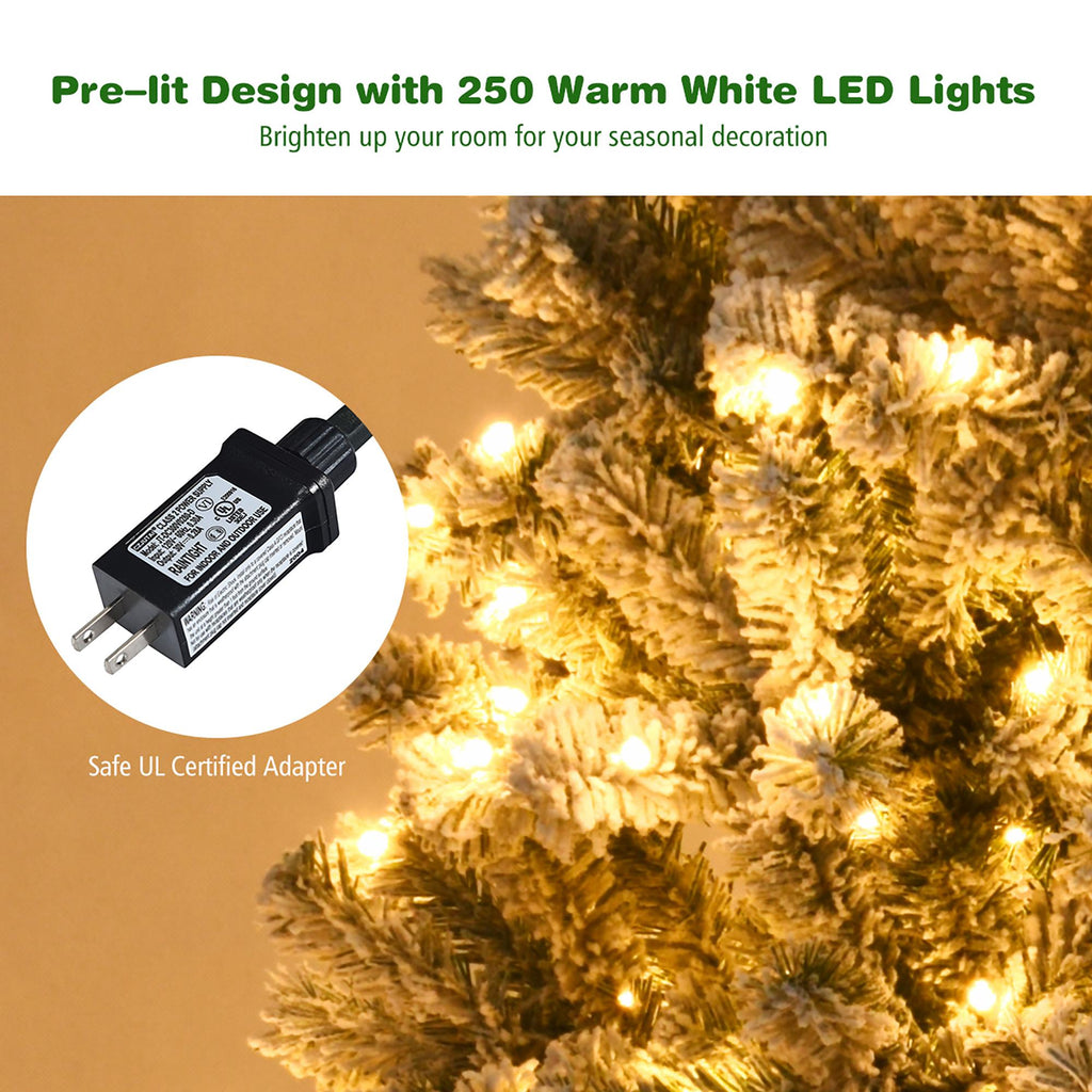 Costway 6ft Pre-Lit Premium Snow Flocked Hinged Artificial Christmas Tree with 250 Lights